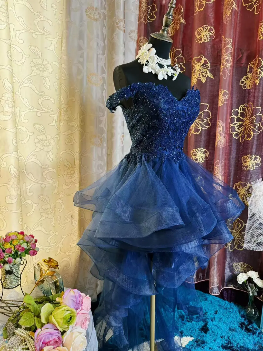 Vintage Navy Blue Tulle Appliques A-Line Short Homecoming Dress Off-the-Shoulder 19th Birthday Outfits - View 3 | FashionDia