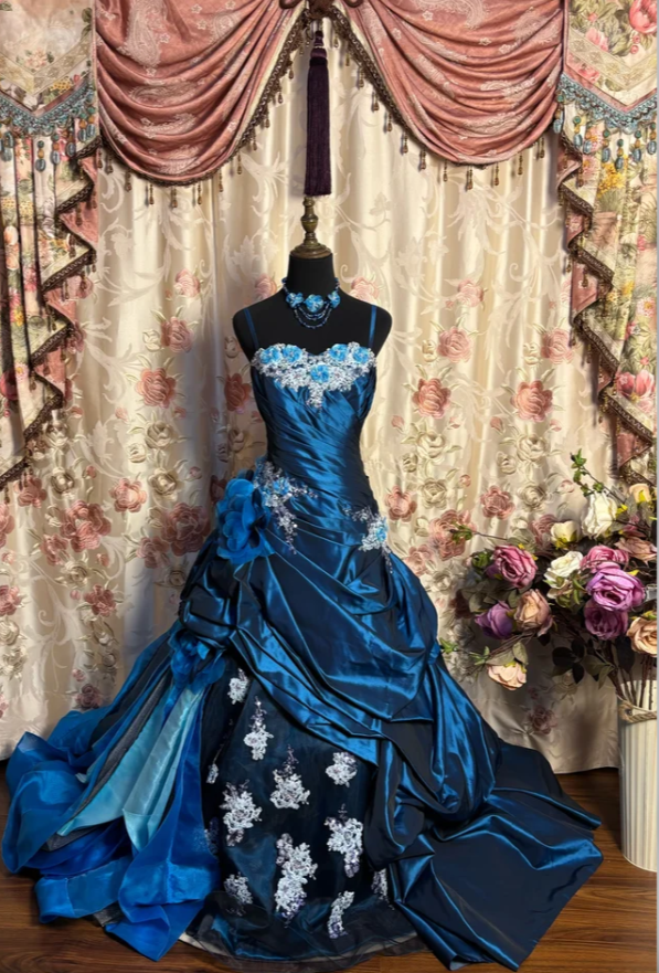 Pretty Blue Spaghetti Straps Satin Pleated Appliques Beaded Mermaid Evening Dress Long Prom Dress - FashionDia