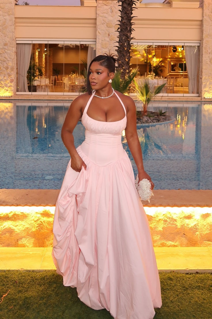 Classy Halter Pink Satin Pleated Long Evening Dress Formal Wedding Guest Dress - FashionDia