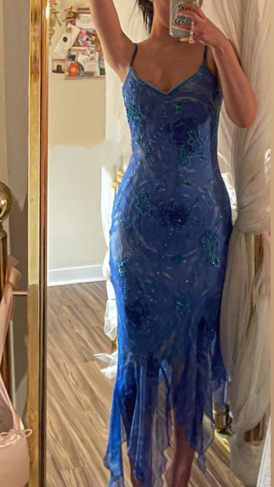Sexy Spaghetti Straps Blue Chiffon Sequin Beaded Ruffle Mermaid Prom Dress Long Evening Gown - FashionDia