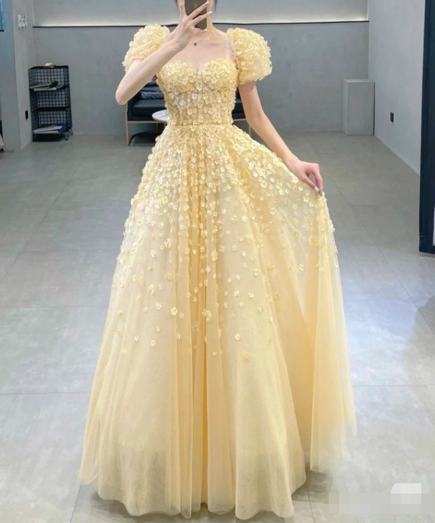 Charming Yellow A-Line Puffy Sleeves Floral Prom Dress,Fairy Dress - View 4 | FashionDia