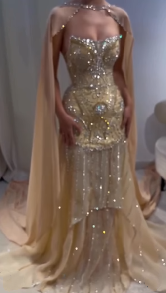 Glitter Yellow Chiffon Sequin Beaded Mermaid Evening Dress Long Birthday Prom Gown - View 5 | FashionDia