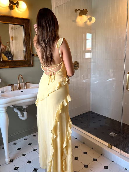 Elegant Yellow Spaghetti Straps Ruffle Slit Prom Dress,Long Party Evening Dress - View 3 | FashionDia