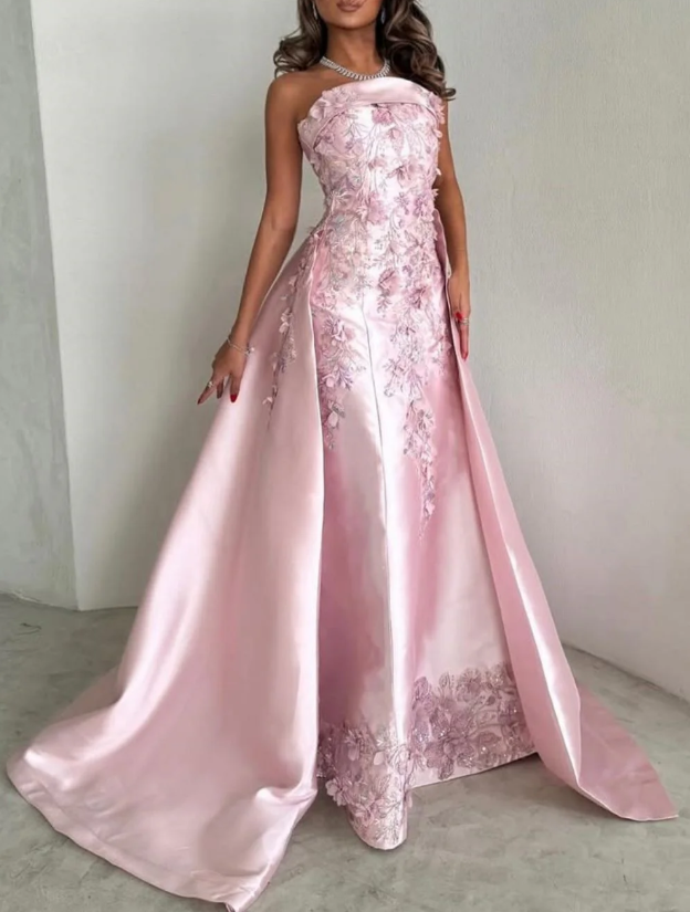 Pretty Pink Strapless Satin Appliques Beaded Formal Prom Dress,Long A Line Party Evening Gown