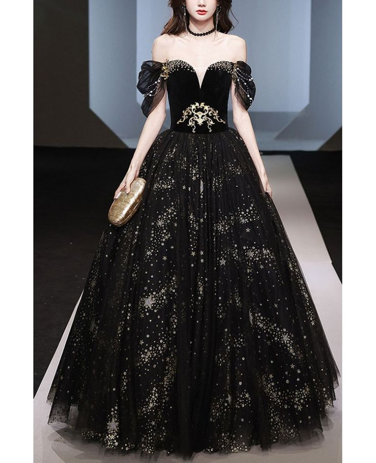Classy Off-the-Shoulder Black Tulle Sequins Ball Gown Gothic A-Line Prom Dress - FashionDia