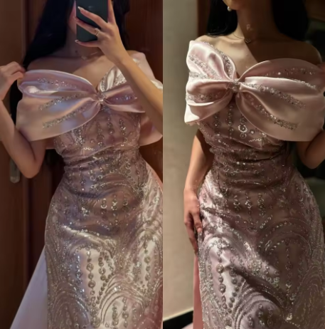 Pretty Pink Off The Shoulder Satin Beaded Long Prom Dress Birthday Party Gown