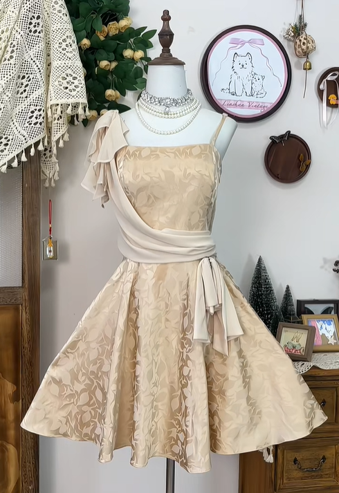 Vintage Satin Print Floral A-Line Mini Party Dress Spaghetti Straps Champagne Homecoming Dress - View 2 | FashionDia