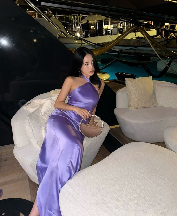 Sexy Halter Sleeveless Purple Satin Sheath Long Party Dress Formal Prom Gown - View 2 | FashionDia