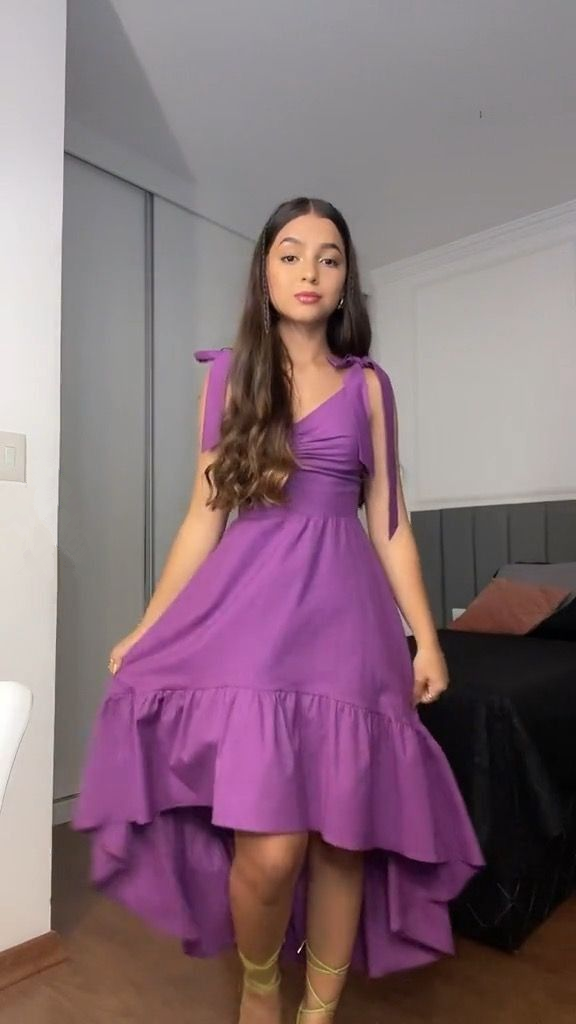 Cute Purple V Neck Ruffles Party Evening Dress