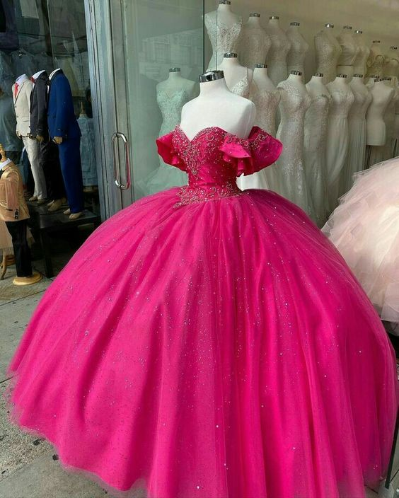 Fuchsia Off-the-Shoulder Quinceanera Dress Ball Gown Sweet 16 Dress - FashionDia