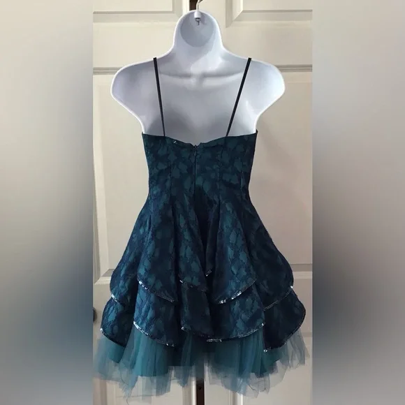 Vintage Spaghetti Straps Blue Satin Lace Layered A-Line Short Graduation Homecoming Dress Cocktail Dress - View 2 | FashionDia