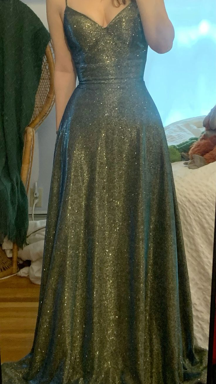 Sparkly Spaghetti Straps Green V-Neck Sequin Evening Dress Long Wedding Guest Dress - FashionDia