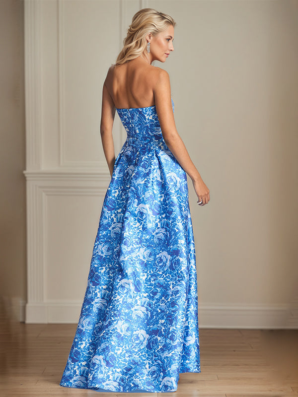A-Line Off-the-Shoulder Sea Blue Satin Floral Mother of the Bride Dress - View 2 | FashionDia