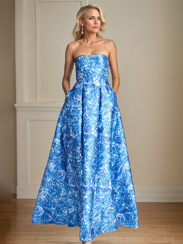 A-Line Off-the-Shoulder Sea Blue Satin Floral Mother of the Bride Dress - FashionDia