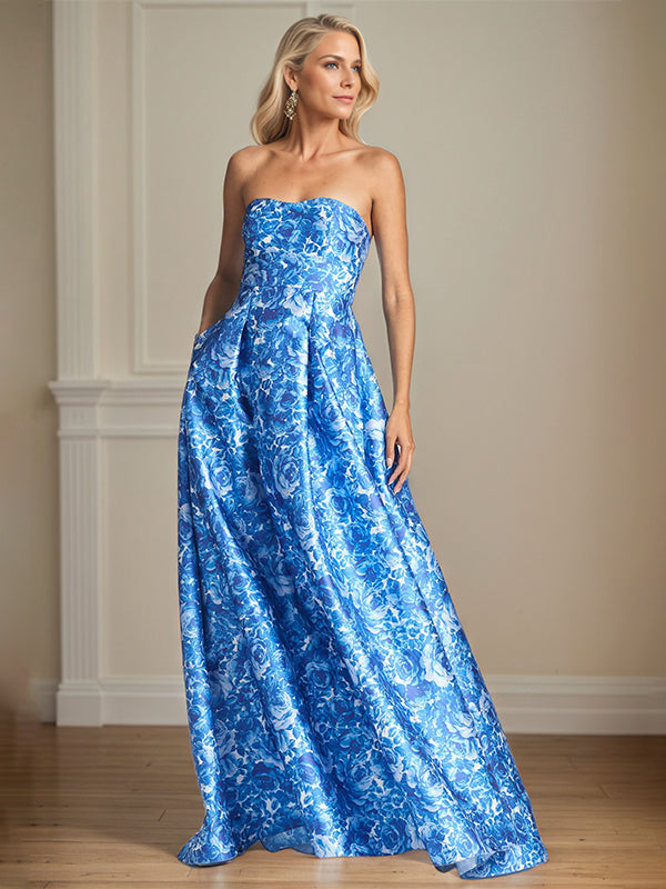 A-Line Off-the-Shoulder Sea Blue Satin Floral Mother of the Bride Dress - View 3 | FashionDia
