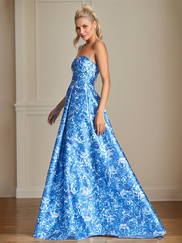 A-Line Off-the-Shoulder Sea Blue Satin Floral Mother of the Bride Dress - View 4 | FashionDia