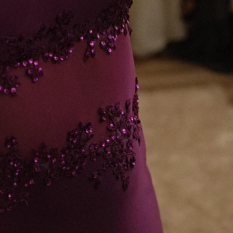 Newest Plum Purple Spaghetti Straps Prom Dress Spaghetti Straps Chiffon Appliques Party Evening Gown - View 5 | FashionDia