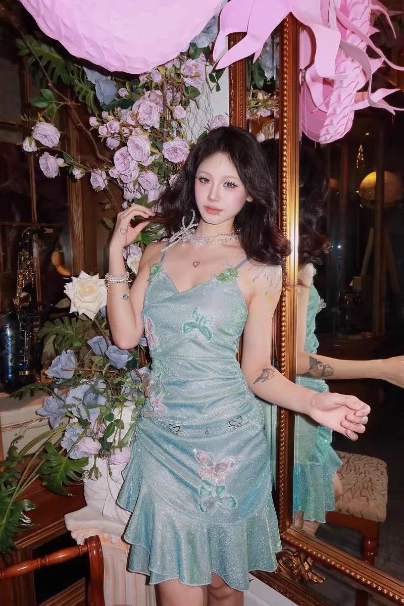 Glitter Mint Green Spaghetti Straps Sequin Ruffles Birthday Outfits Graduation Homecoming Dress S611