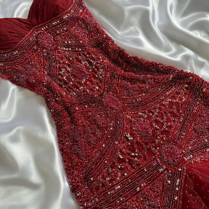 Gorgeous Red V NecK Tulle Sequin Beaded Mermaid Long Evening Dress Formal Birthday Party Dress
