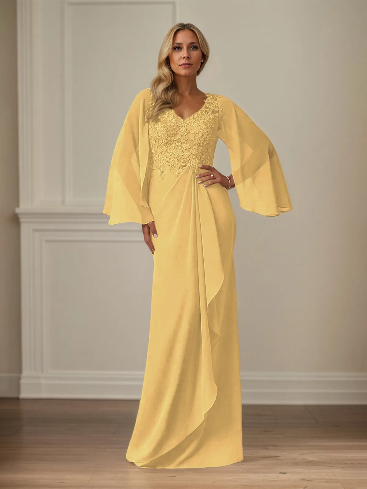 Sheath/Column Chiffon V Neck Long Sleeves Floor Length Mother of the Bride Dresses With Appliques