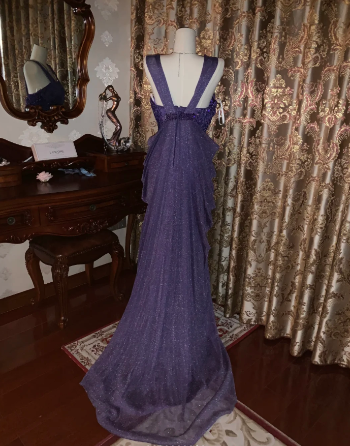 Sparkly Purple Tulle Sequin Beaded Pleated Mermaid Evening Dress Long Birthday Prom Gown - View 8 | FashionDia