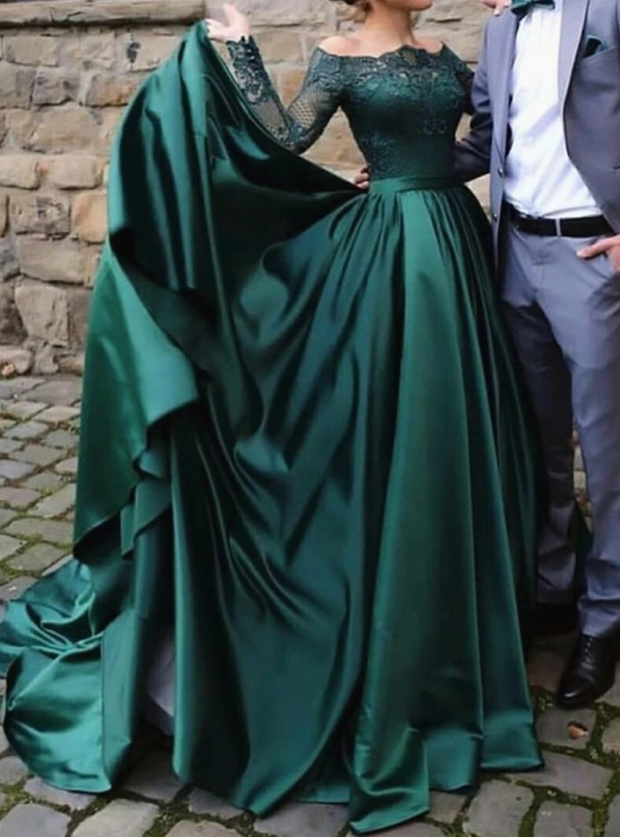modest dark green party dress, Off-the-Shoulder prom dresses,prom dress with long sleeves, evening gowns with lace - FashionDia
