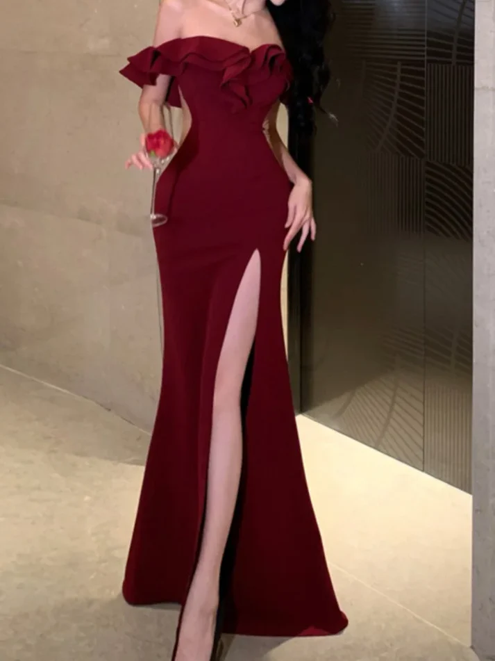 Stylish Burgundy Off-the-Shoulder Satin Slit Mermaid Evening Dress Long Wedding Guest Dress - View 2 | FashionDia