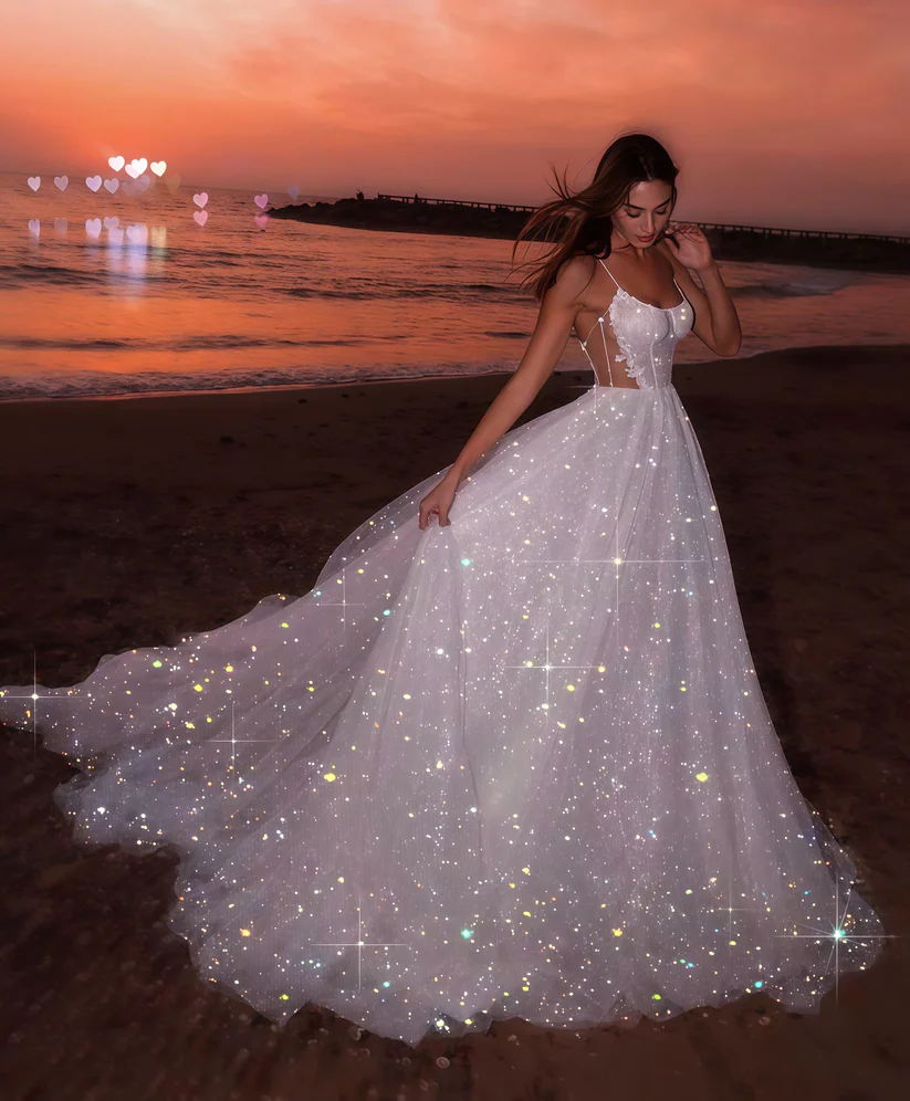 Sparkly Shite Tulle Sequins Prom Dress,Long A-Line Wedding Dress Evening Dress - View 2 | FashionDia