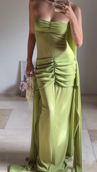 Elegant Green Strapless Ruched Party Dress,Long Prom Evening Dress