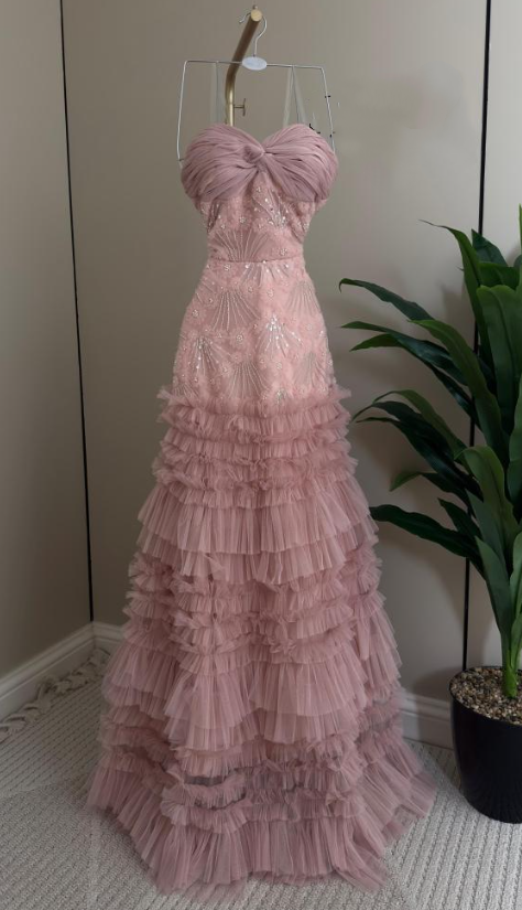 Elegant Sweetheart Neck Pink Sequin Tulle Lace Pleated Mermaid Long Party Dress Evening Gown - FashionDia