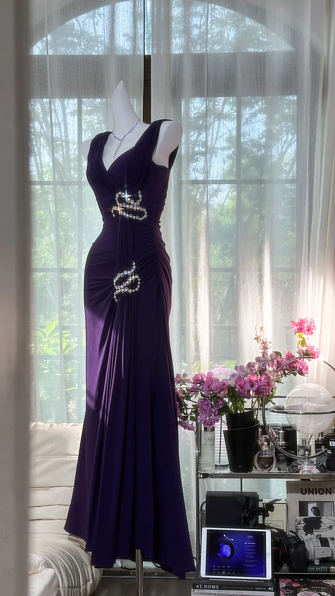 Pretty V-Neck Purple Chiffon Beaded Mermaid Party Dress Formal Birthday Prom Dress - View 2 | FashionDia
