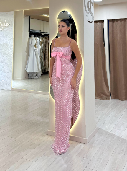 Gorgeous Spaghetti Straps Pink Sequin Beaded Mermaid Evening Dress Long Party Dress - View 3 | FashionDia