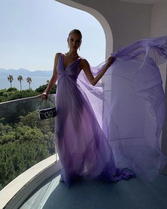 Simple Purple V Neck Tulle Prom Dress Long Evening Gown Y7774 - VelvetHem