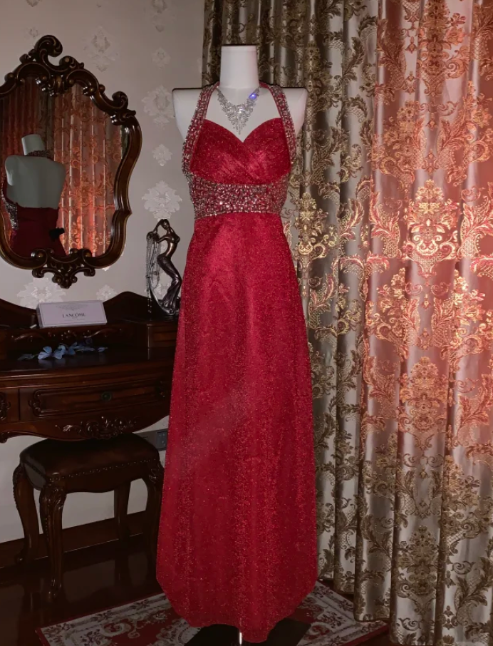 Glitter Halter Red Tulle Sequin Beaded A-Line Long Party Dress Evening Dress - FashionDia