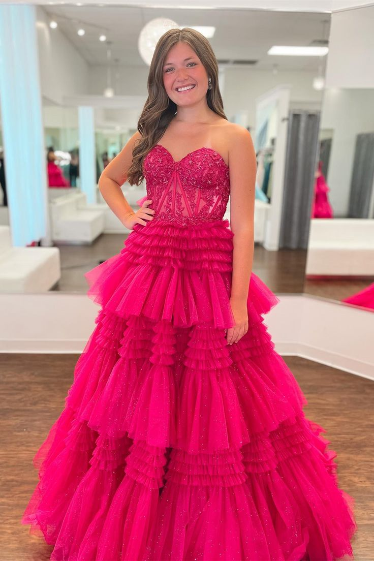 Fuchsia Multi-Layers Strapless Appliques A-Line Tulle Long Prom Dress - FashionDia