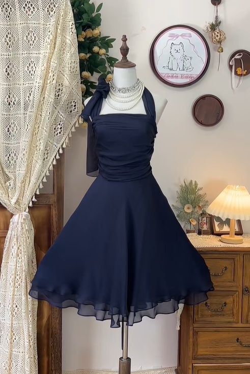 Stylish Navy Blue Chiffon A Line Homecoming Dress Halter Cocktail Dress