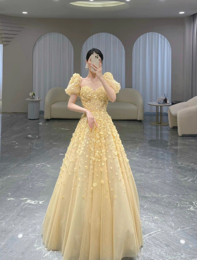 Charming Yellow A-Line Puffy Sleeves Floral Prom Dress,Fairy Dress - View 3 | FashionDia