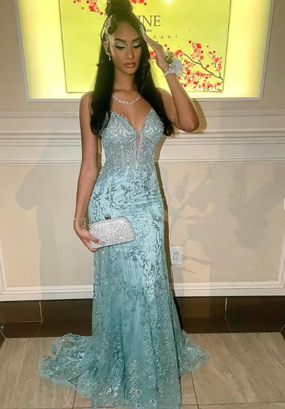 Charming Spaghetti Straps Tulle Lace Mermiad Prom Dress Blue V-Neck Prom Evening Gown - View 3 | FashionDia