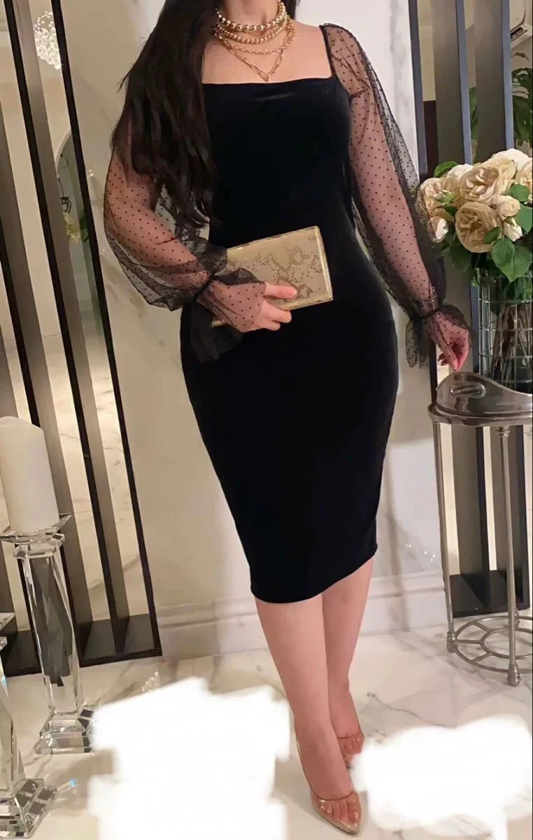 Women Elegant Lantern Sleeve Mesh Patchwork Midi Formal Party Dress Black Short Homecoming Dress Y5529 by simplepromdress