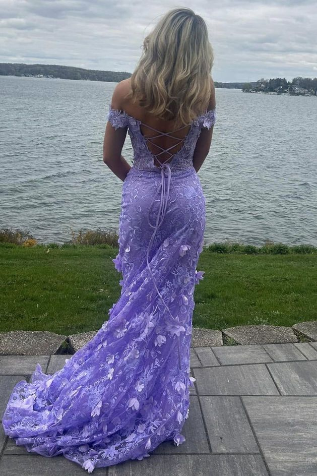 Purple Off-the-Shoulder Tullelace Appliques Evening Dress Slit Mermaid Party Dress - View 3 | FashionDia