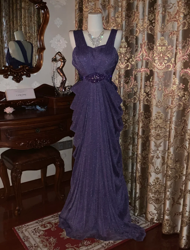 Sparkly Purple Tulle Sequin Beaded Pleated Mermaid Evening Dress Long Birthday Prom Gown - FashionDia