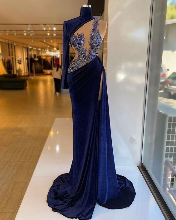 High Neck Velvet Prom Dress, Unique Evening Dress - FashionDia