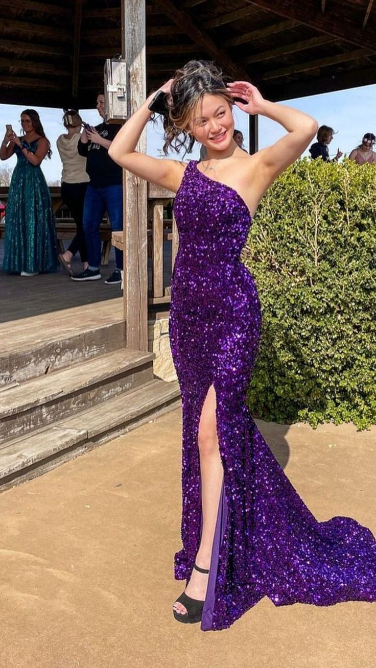 Chic One-Shoulder Purple Sequin Mermaid Slit Evening Dress Long Wedding Guest Dress - FashionDia
