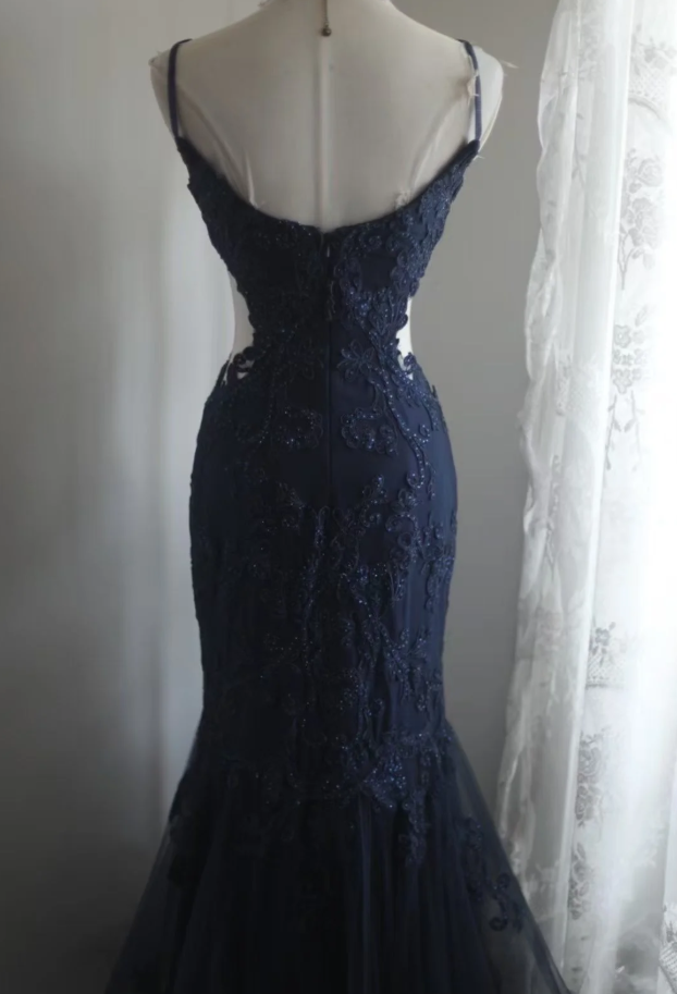 Elegant Spaghetti Straps Navy Blue Tulle Lace Appliques Mermaid Evening Dress Birthday Outfits - View 4 | FashionDia