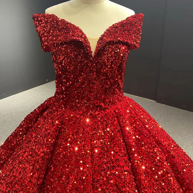 Royal blue sequin prom ball gown sweet 16 dress Off-the-Shoulder princess Quince dress - View 7 | FashionDia