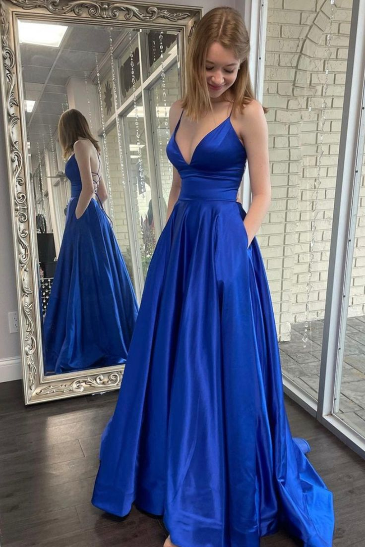 Blue Satin Long Prom Dresses, A-Line Backless Evening Dresses with Pockets - FashionDia