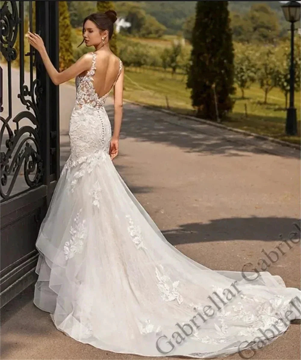 Luxury Mermaid Wedding Dresses Ruffles Backless V-Neck Lace Appliques Sleeveless Sweep Train Vestido De Novia 2024 (ZD13465)