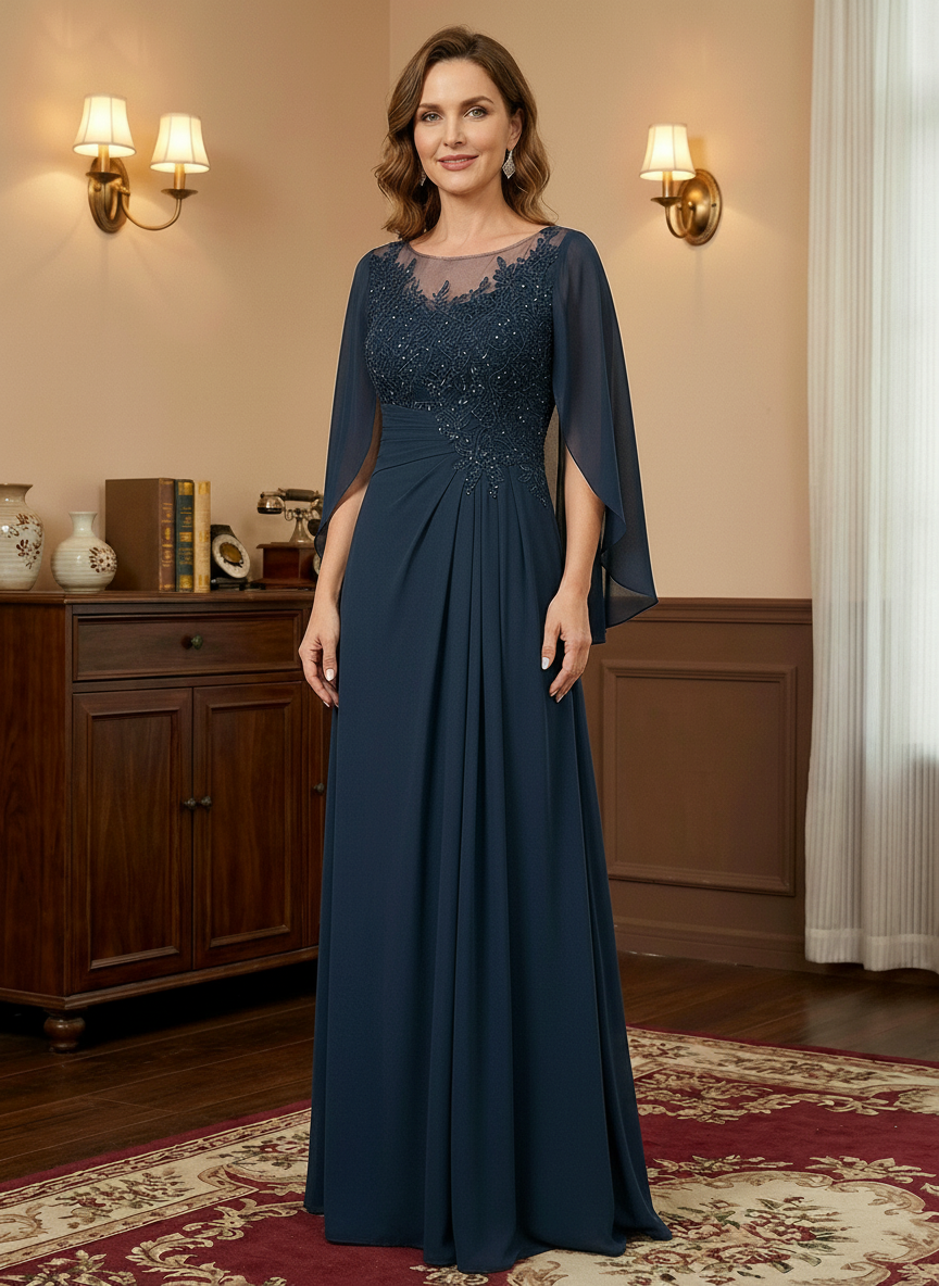 A-Line/Princess Scoop Floor-Length Mother of the Bride Dresses with Pleated & Sequins - View 6 | FashionDia