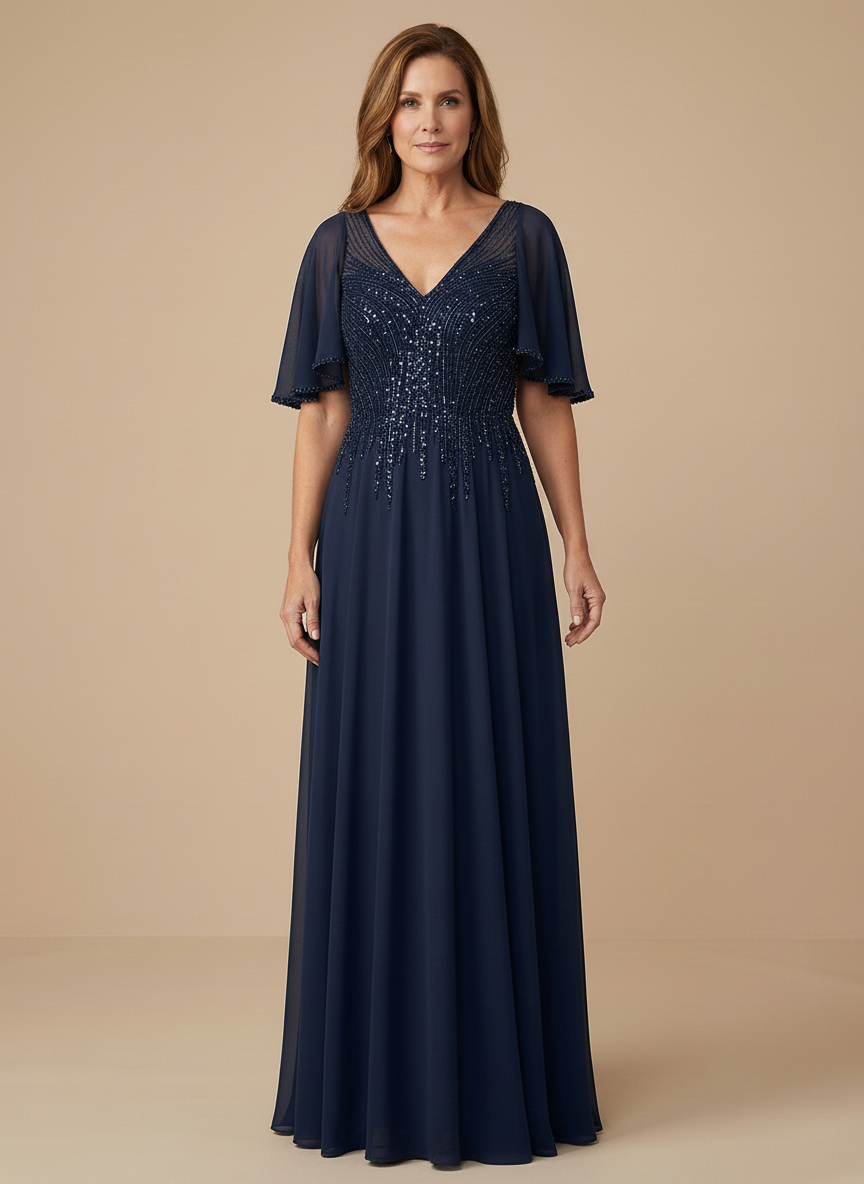 Flare Sleeves Sparky Sequins A Line Chiffon Mother of the Brides Dresses