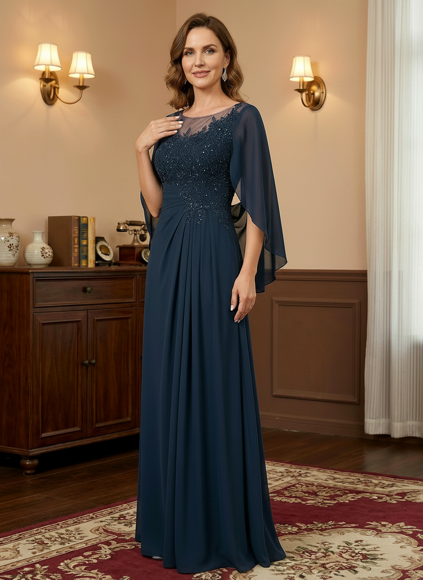 A-Line/Princess Scoop Floor-Length Mother of the Bride Dresses with Pleated & Sequins - View 7 | FashionDia